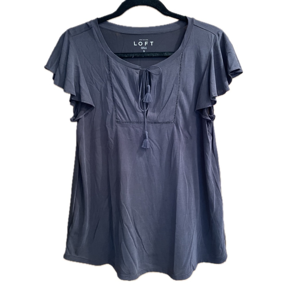 LOFT Blue Flutter Sleeve Tie Front Blouse